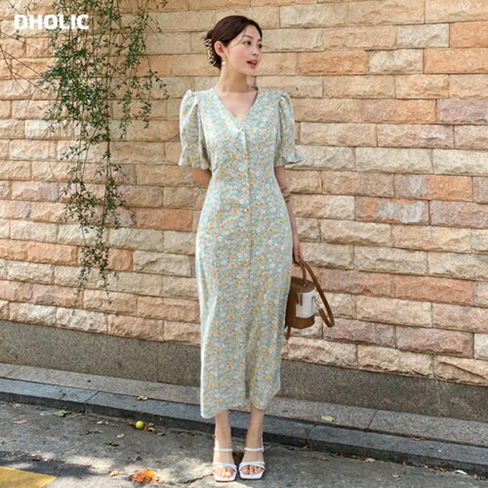 リボン花柄シフォンワンピース・全2色・t67942 レディース 【ops】ワンピース ロング丈 ロングワンピース 半袖 ハーフスリーブ シフォン 花柄 りぼん 大人 上品 小花柄 レトロ パフスリーブ くるみボタン かわいい 夏 韓国ファッション