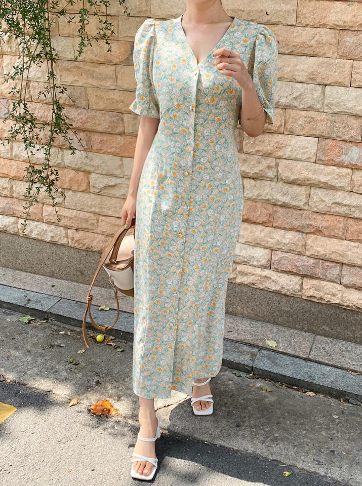 リボン花柄シフォンワンピース・全2色・t67942 レディース 【ops】ワンピース ロング丈 ロングワンピース 半袖 ハーフスリーブ シフォン 花柄 りぼん 大人 上品 小花柄 レトロ パフスリーブ くるみボタン かわいい 夏 韓国ファッション