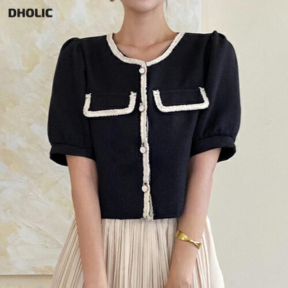 【10%OFF】ツイード配色ブラウス・全2色・t67935 レディース 【bl】トップス ブラウス 半袖 ハーフスリーブ ツイード 配色 高級感 大人 きれいめ レディ パフスリーブ フリンジ 上品 ラウンドネック 女性 学校行事 結婚式 夏 韓国ファッション セール SALE