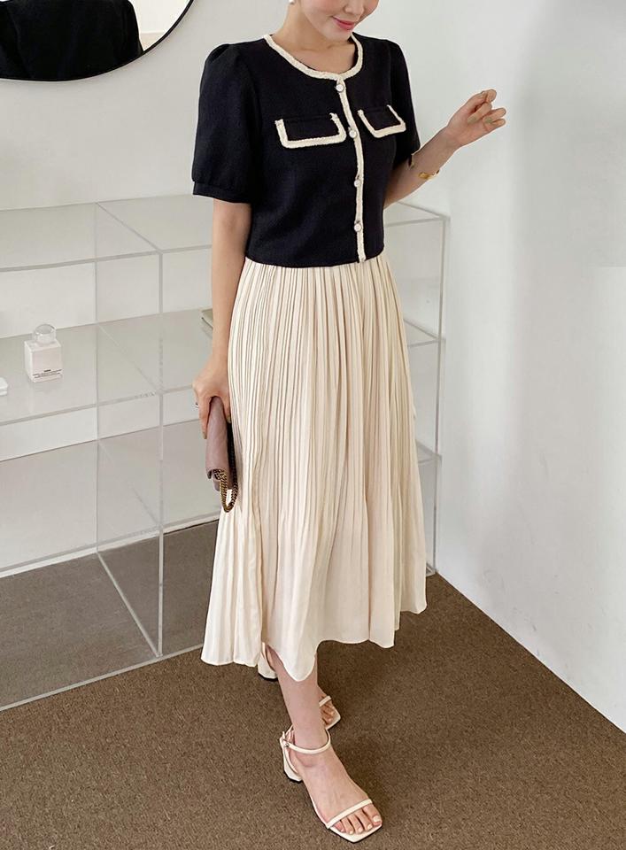 【10%OFF】ツイード配色ブラウス・全2色・t67935 レディース 【bl】トップス ブラウス 半袖 ハーフスリーブ ツイード 配色 高級感 大人 きれいめ レディ パフスリーブ フリンジ 上品 ラウンドネック 女性 学校行事 結婚式 夏 韓国ファッション セール SALE