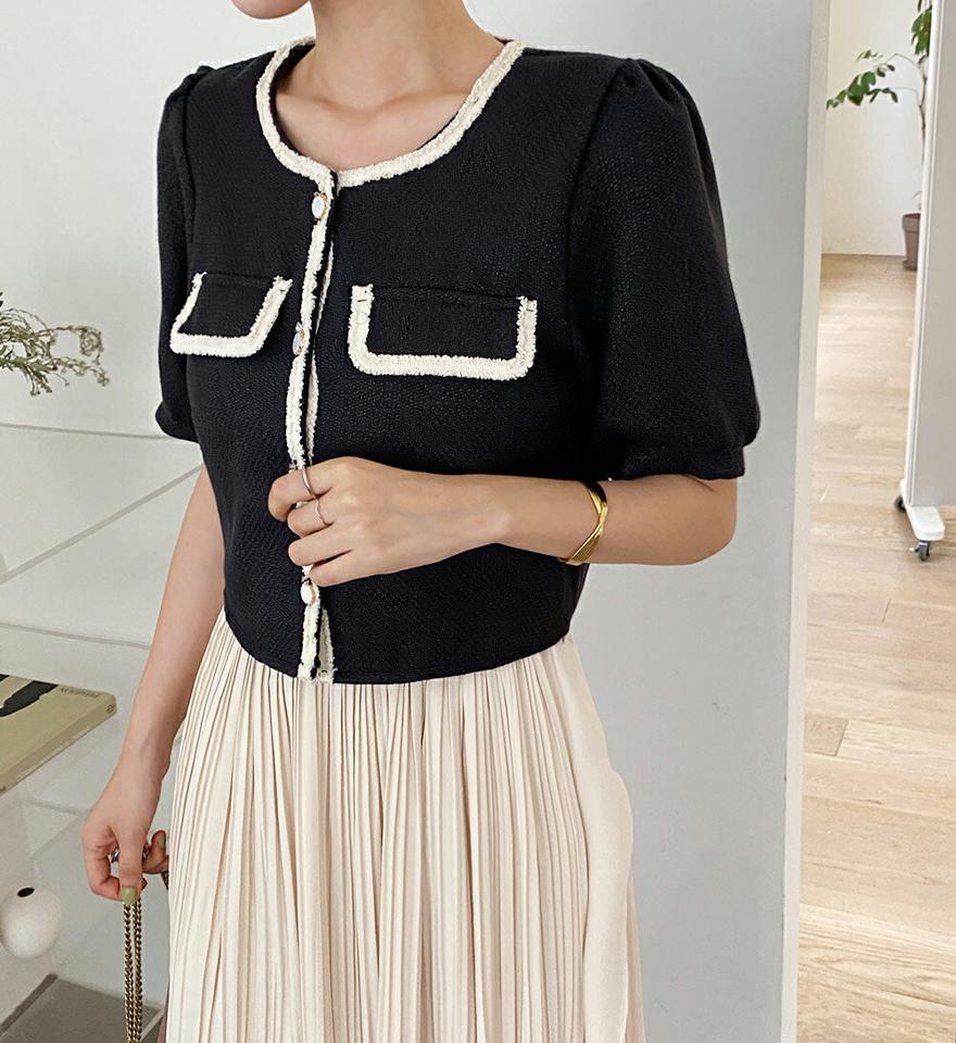 【10%OFF】ツイード配色ブラウス・全2色・t67935 レディース 【bl】トップス ブラウス 半袖 ハーフスリーブ ツイード 配色 高級感 大人 きれいめ レディ パフスリーブ フリンジ 上品 ラウンドネック 女性 学校行事 結婚式 夏 韓国ファッション セール SALE