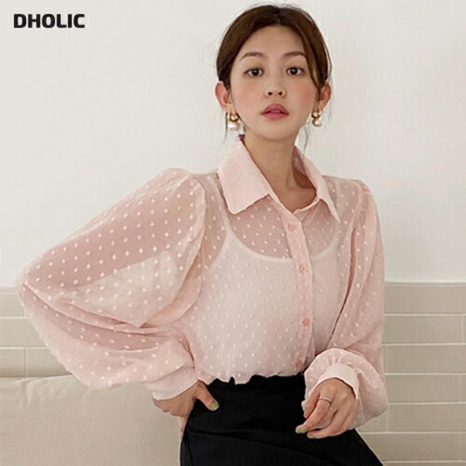 ドットテクスチャーシアーパフブラウス・全3色・t67938 レディース 【bl】トップス ブラウス 長袖 ボリューム袖 パフスリーブ 透け感 シアー シースルー ドット柄 襟 ガーリー フェミニン 大人 袖コン 春 夏 秋 ピンク パステル 韓国ファッション