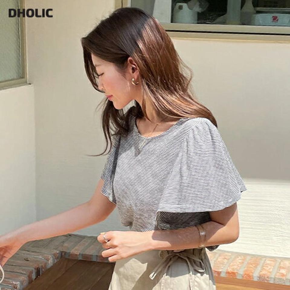 ボーダーラッフルTシャツ・全3色・t67930 レディース 【tops】トップス Tシャツ 半袖 二の腕カバー ラッフル ボーダー柄 フレアスリーブ ラウンドネック カジュアル ラフ 春 夏 韓国ファッション