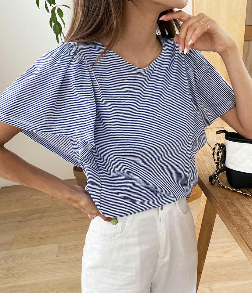 ボーダーラッフルTシャツ・全3色・t67930 レディース 【tops】トップス Tシャツ 半袖 二の腕カバー ラッフル ボーダー柄 フレアスリーブ ラウンドネック カジュアル ラフ 春 夏 韓国ファッション