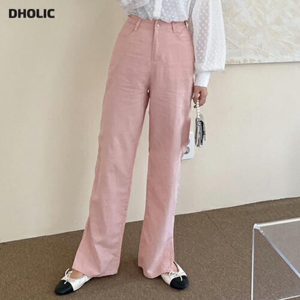 リネン混ストレートパンツ・全3色・t67954 レディース 【pt】パンツ ズボン ロングパンツ ストレート リネン 単色 無地 シンプル ベーシック フルレングス カジュアル ハイウエスト スリット ベルトループ ピンク かわいい 夏 春 韓国ファッション