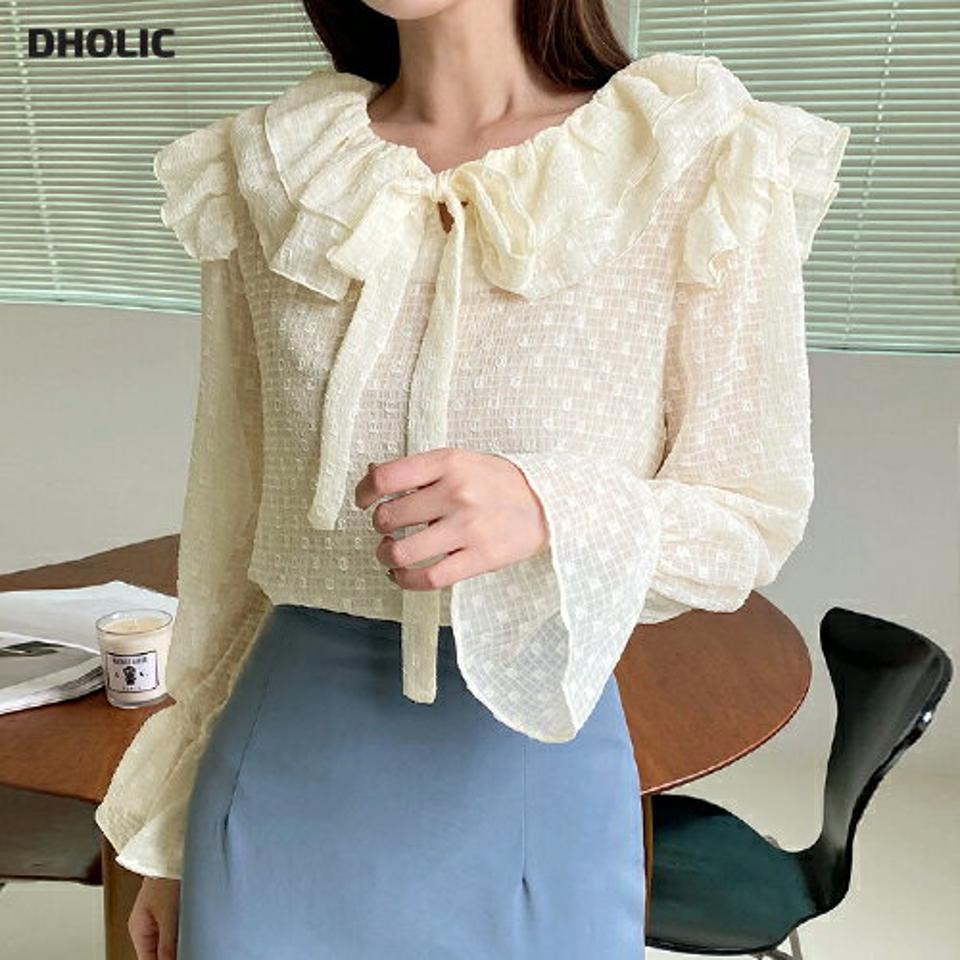 ドットチェックリボンフリルブラウス・全3色・b67343 レディース 【bl】トップス ブラウス 長袖 フリル 襟コン りぼん ドット柄 チェック柄 ガーリー 透け感 シアー シースルー フェミニン 袖コン フリルネック 春 秋 韓国ファッション