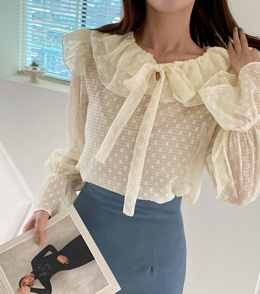 ドットチェックリボンフリルブラウス・全3色・b67343 レディース 【bl】トップス ブラウス 長袖 フリル 襟コン りぼん ドット柄 チェック柄 ガーリー 透け感 シアー シースルー フェミニン 袖コン フリルネック 春 秋 韓国ファッション