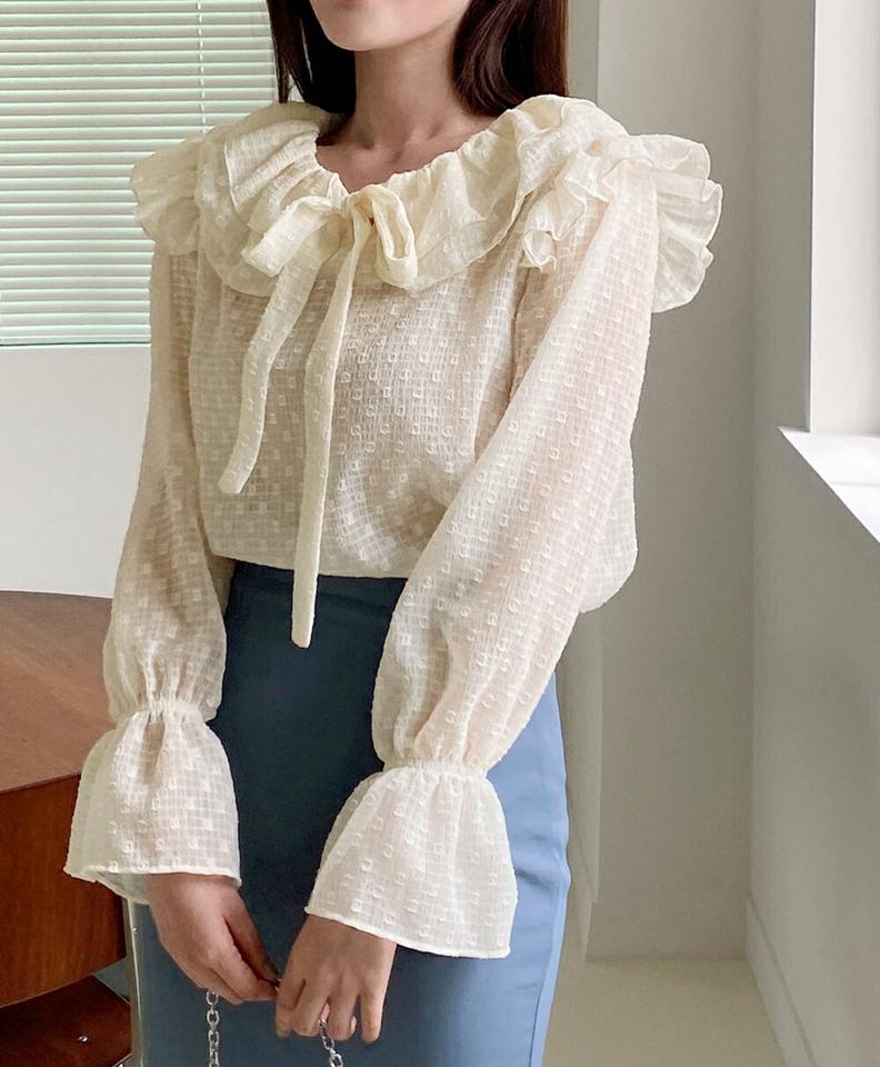 ドットチェックリボンフリルブラウス・全3色・b67343 レディース 【bl】トップス ブラウス 長袖 フリル 襟コン りぼん ドット柄 チェック柄 ガーリー 透け感 シアー シースルー フェミニン 袖コン フリルネック 春 秋 韓国ファッション
