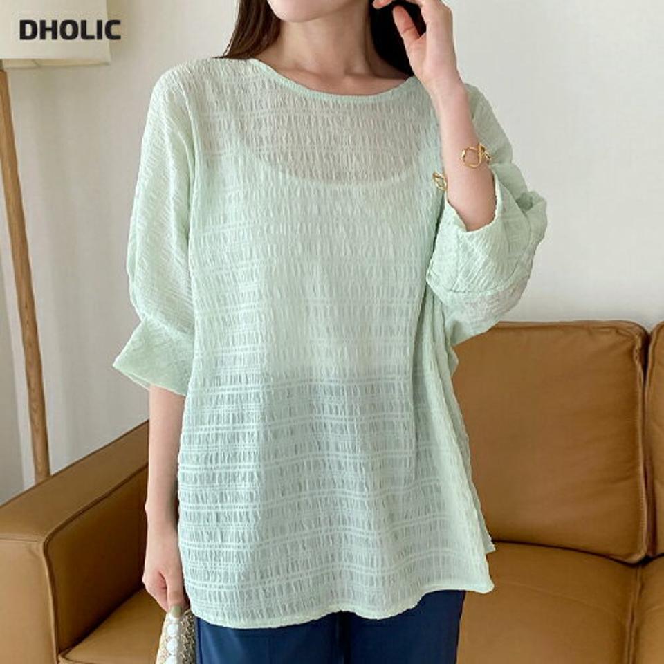 リンクルドルマンブラウス・全3色・b67357 レディース 【bl】トップス ブラウス 七分袖 7分袖 リンクル ドルマンスリーブ 単色 シンプル カジュアル ラウンドネック 透け感 シアー シースルー ラフ 黄緑 パステル 春 秋 韓国ファッション