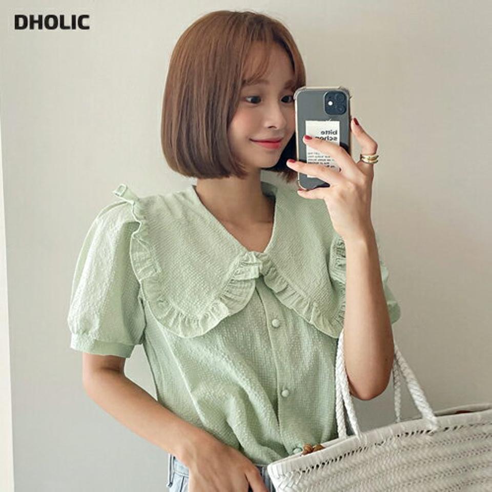 リンクルフリルカラーブラウス・全4色・t67340 レディース 【bl】トップス ブラウス 半袖 ハーフスリーブ フリル リンクル 大きい襟 襟コン ガーリー かわいい 可愛い チェック柄 くるみボタン パフスリーブ 黄緑 夏 韓国ファッション