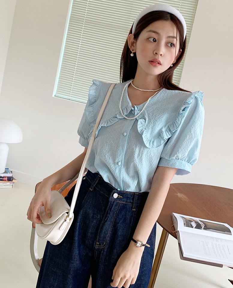 リンクルフリルカラーブラウス・全4色・t67340 レディース 【bl】トップス ブラウス 半袖 ハーフスリーブ フリル リンクル 大きい襟 襟コン ガーリー かわいい 可愛い チェック柄 くるみボタン パフスリーブ 黄緑 夏 韓国ファッション