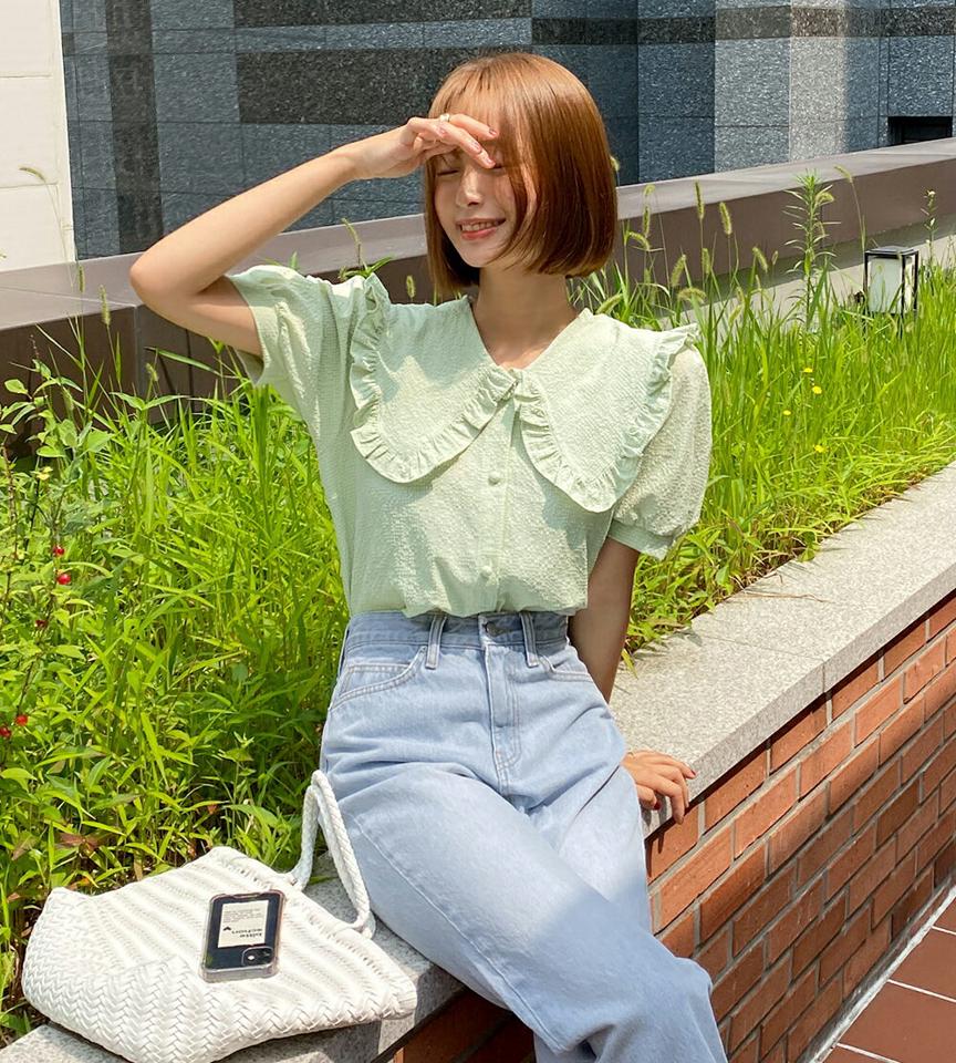 リンクルフリルカラーブラウス・全4色・t67340 レディース 【bl】トップス ブラウス 半袖 ハーフスリーブ フリル リンクル 大きい襟 襟コン ガーリー かわいい 可愛い チェック柄 くるみボタン パフスリーブ 黄緑 夏 韓国ファッション