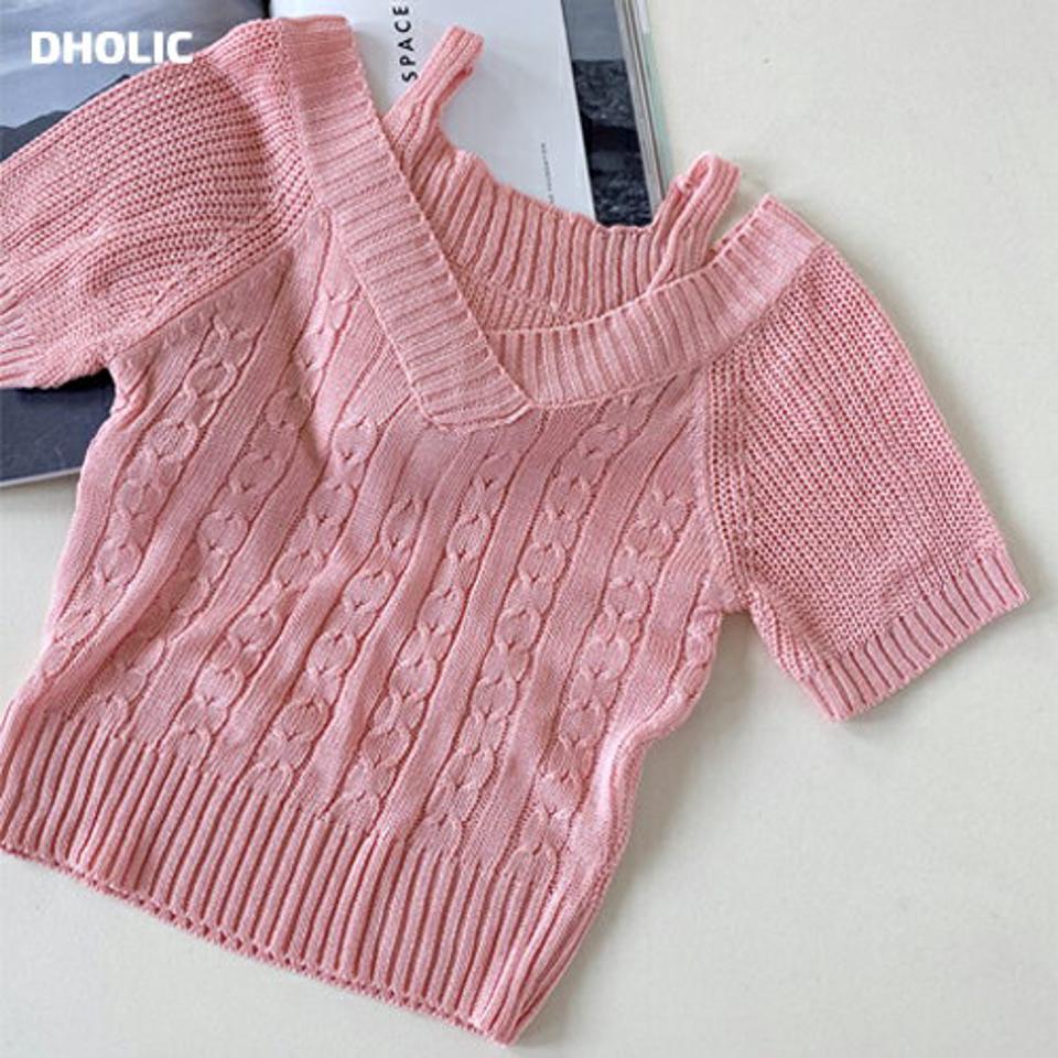 【10%OFF】ショルダースリットケーブルニット・全5色・b67350 レディース 【tops】トップス ニット 半袖 肩出し オープンショルダー ケーブルニット Vネック シンプル カジュアル ラフ ピンク 春 夏 サマーニット 韓国ファッション セール SALE