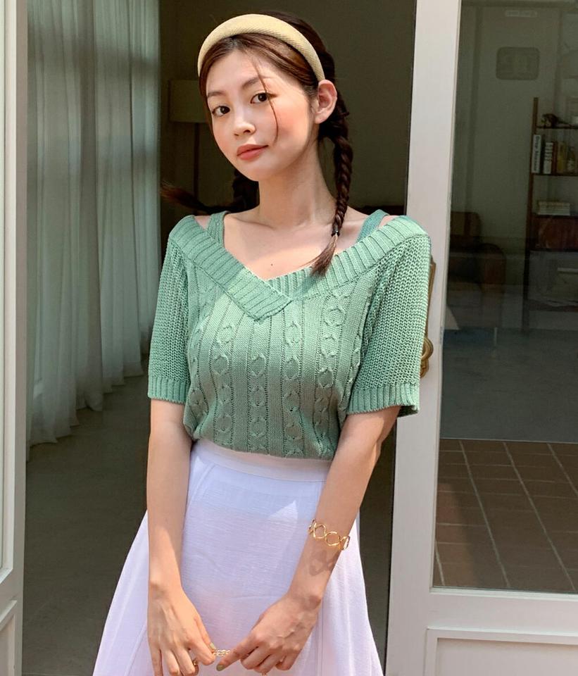 【10%OFF】ショルダースリットケーブルニット・全5色・b67350 レディース 【tops】トップス ニット 半袖 肩出し オープンショルダー ケーブルニット Vネック シンプル カジュアル ラフ ピンク 春 夏 サマーニット 韓国ファッション セール SALE