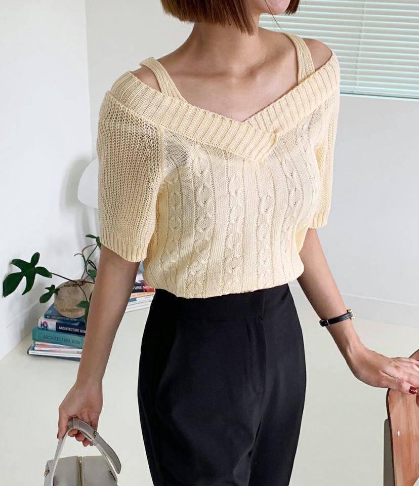 【10%OFF】ショルダースリットケーブルニット・全5色・b67350 レディース 【tops】トップス ニット 半袖 肩出し オープンショルダー ケーブルニット Vネック シンプル カジュアル ラフ ピンク 春 夏 サマーニット 韓国ファッション セール SALE