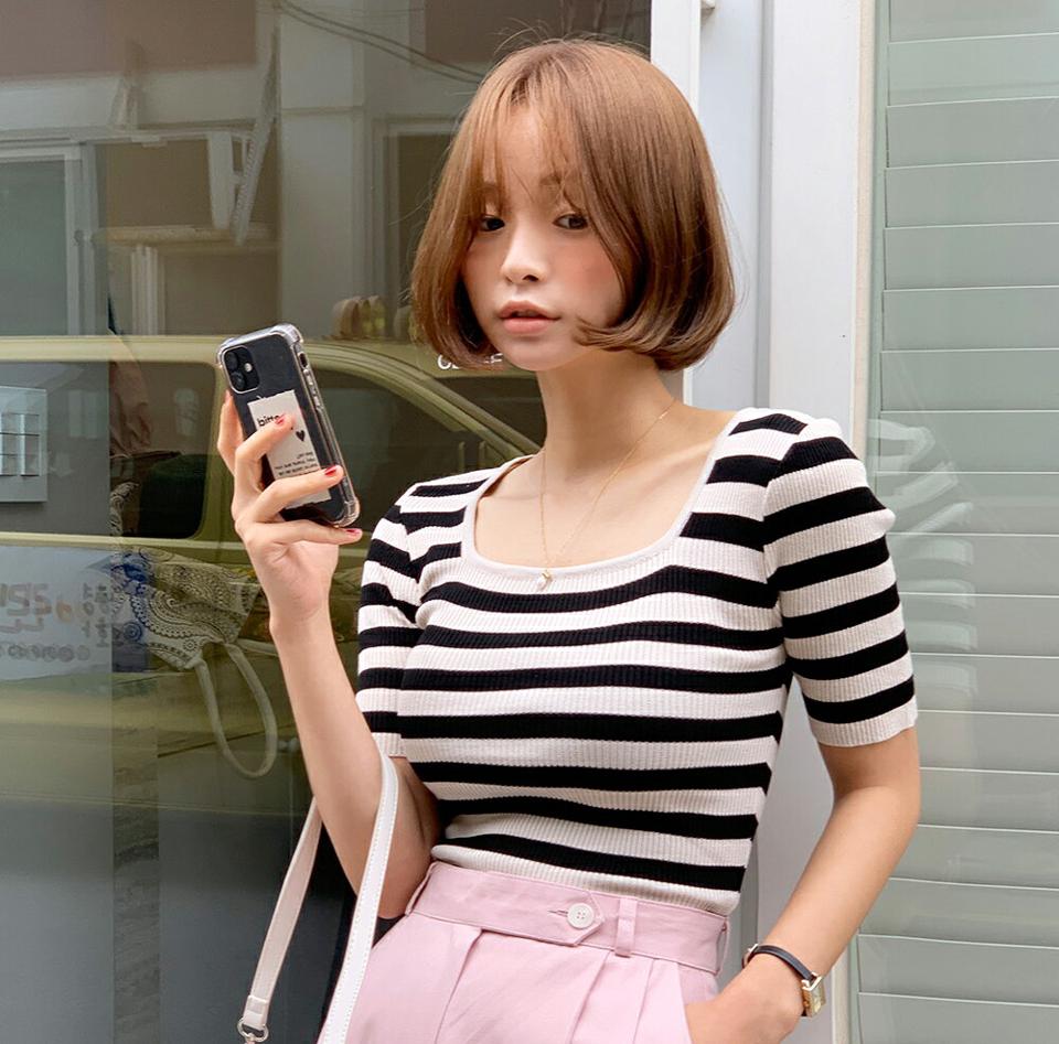 スクエアネックボーダーリブニット・全4色・t66888 レディース 【tops】トップス ニット 半袖 ボーダー柄 スクエアネック デコルテ 鎖骨 カジュアル タイト 夏 韓国ファッション
