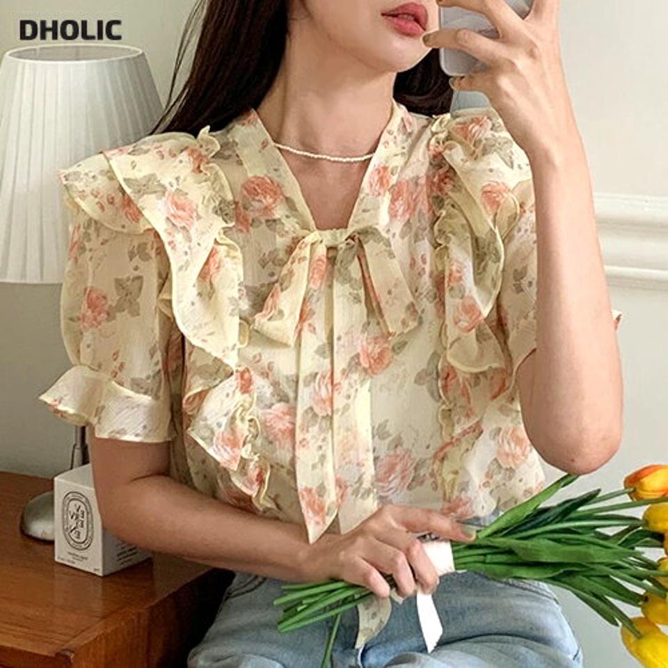 花柄フリルリボンブラウス・全4色・t66882 レディース 【bl】トップス ブラウス 半袖 ハーフスリーブ 二の腕カバー フリル 袖コン フェミニン 大人 かわいい 可愛い 花柄 レトロ ボウタイ 黄色 パステル 透け感 シアー パフ 夏 韓国ファッション