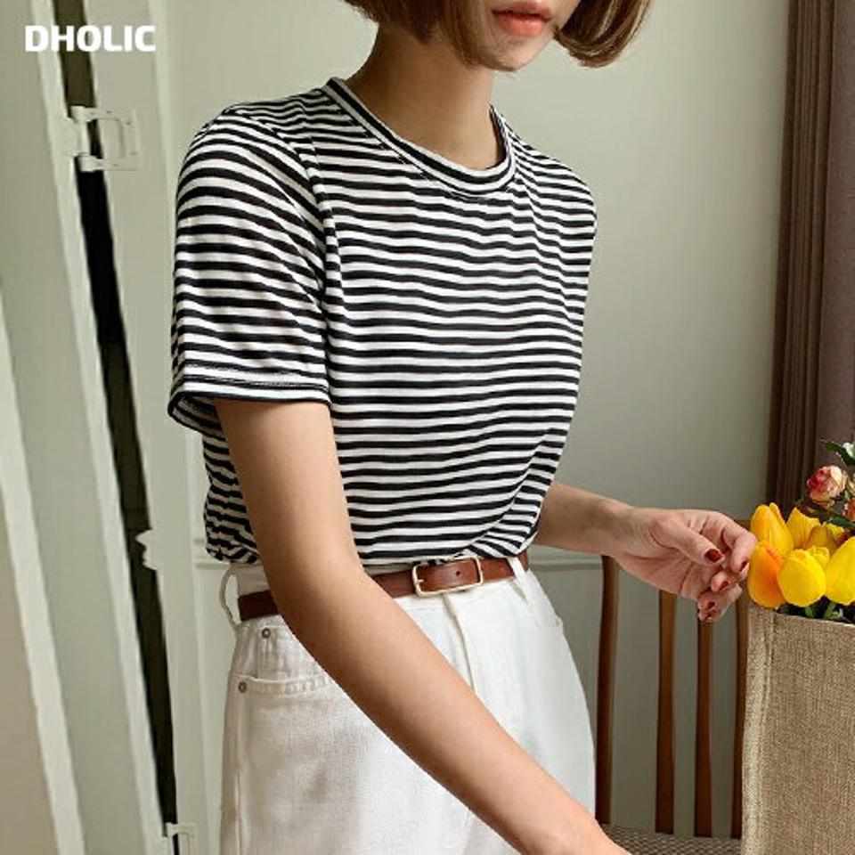 ラウンドネックボーダーTシャツ・全4色・t66880 レディース 【tops】トップス Tシャツ 半袖 ボーダー柄 シンプル ラウンドネック カジュアル ラフ ボーダーT 夏 韓国ファッション