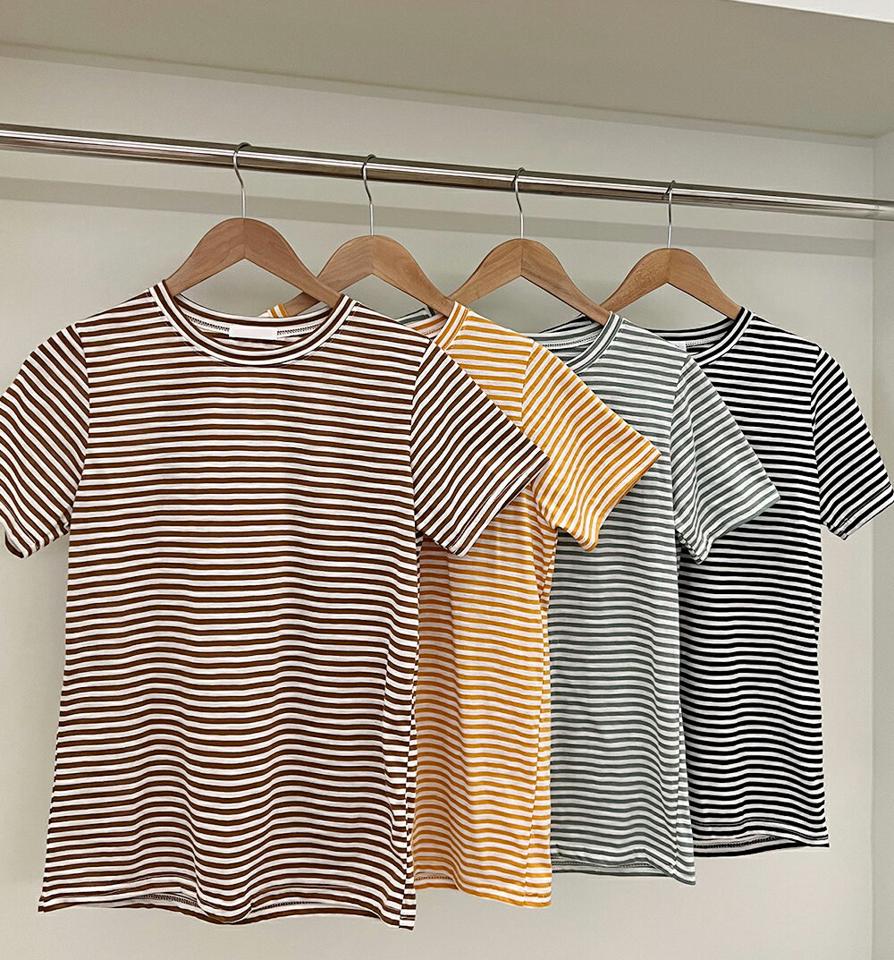 ラウンドネックボーダーTシャツ・全4色・t66880 レディース 【tops】トップス Tシャツ 半袖 ボーダー柄 シンプル ラウンドネック カジュアル ラフ ボーダーT 夏 韓国ファッション
