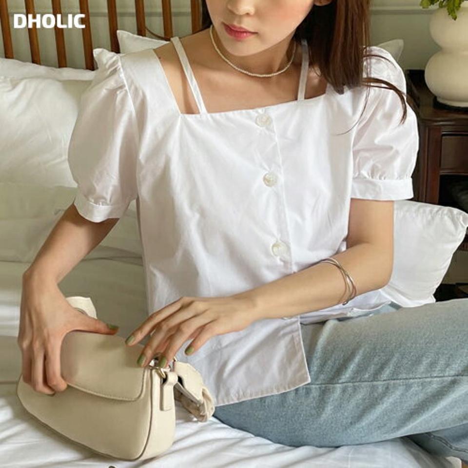 【10%OFF】ストラップスクエアネックブラウス・全3色・t66885 レディース 【bl】トップス ブラウス 半袖 パフスリーブ スクエアネック ストラップ デコルテ 鎖骨 単色 無地 シンプル かわいい ガーリー 夏 韓国ファッション blsセール