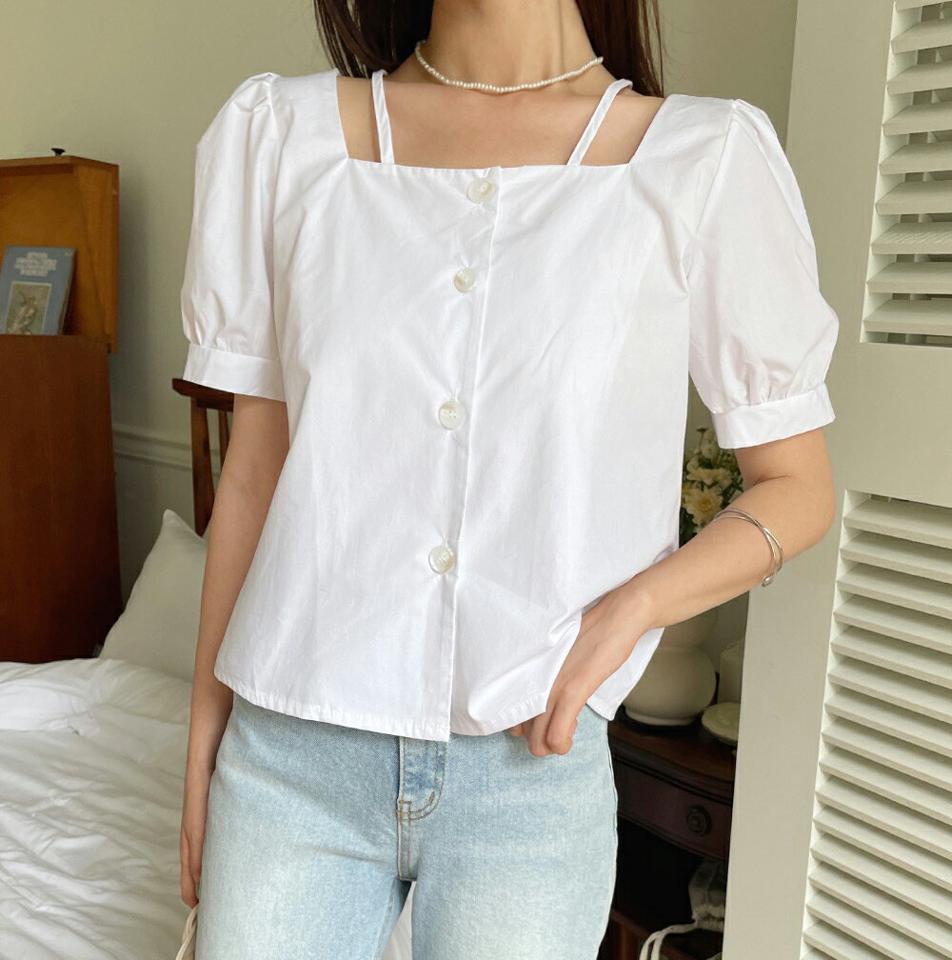 【10%OFF】ストラップスクエアネックブラウス・全3色・t66885 レディース 【bl】トップス ブラウス 半袖 パフスリーブ スクエアネック ストラップ デコルテ 鎖骨 単色 無地 シンプル かわいい ガーリー 夏 韓国ファッション blsセール