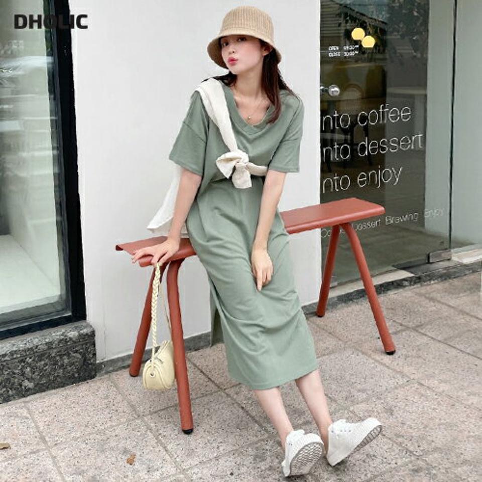 プリントVネックTシャツワンピース・全2色・b66894 レディース 【ops】ワンピース ロング丈 ロングワンピース カットソーワンピース ロゴ Vネック シンプル カジュアル ラフ 体型カバー ワンマイルウェア 楽ちん レタリング 緑 夏 韓国ファッション