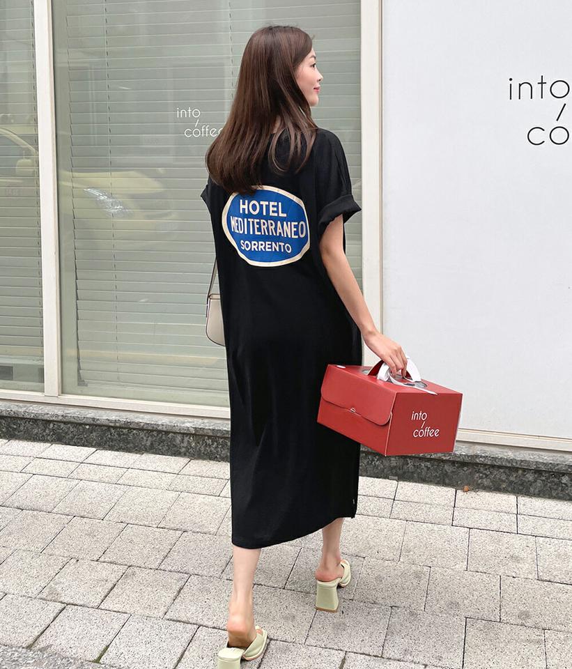 プリントVネックTシャツワンピース・全2色・b66894 レディース 【ops】ワンピース ロング丈 ロングワンピース カットソーワンピース ロゴ Vネック シンプル カジュアル ラフ 体型カバー ワンマイルウェア 楽ちん レタリング 緑 夏 韓国ファッション