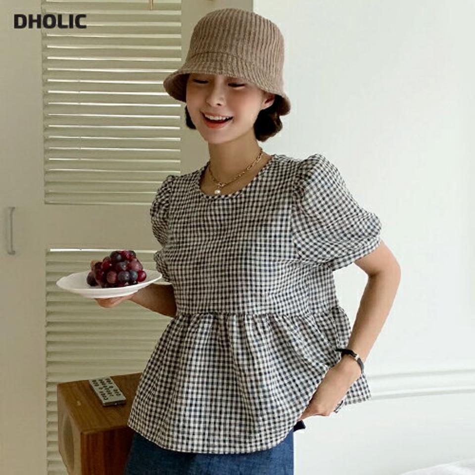 リンクルチェックペプラムブラウス・全3色・t66884 レディース 【bl】トップス ブラウス ペプラム お腹カバー チェック柄 ギンガムチェック 半袖 リンクル パフスリーブ 体型カバー ガーリー 二の腕カバー ラウンドネック 夏 韓国ファッション