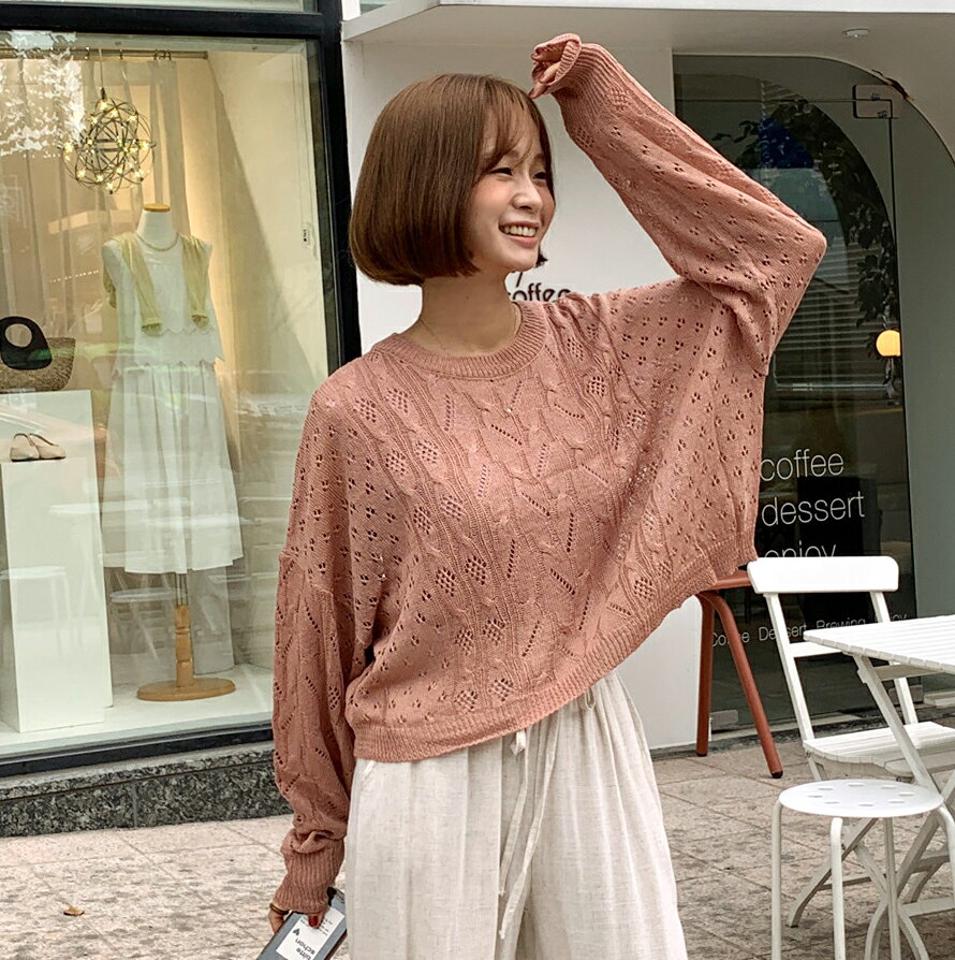 クロップドパンチングニット・全5色・t66889 レディース 【tops】トップス ニット 長袖 パンチング 透け感 シアー シースルー クロップド丈 カジュル ラフ ドロップショルダー ルーズ ゆったり 緑 カーキ 春 夏 韓国ファッション