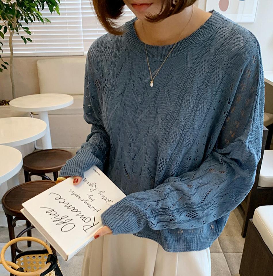 クロップドパンチングニット・全5色・t66889 レディース 【tops】トップス ニット 長袖 パンチング 透け感 シアー シースルー クロップド丈 カジュル ラフ ドロップショルダー ルーズ ゆったり 緑 カーキ 春 夏 韓国ファッション