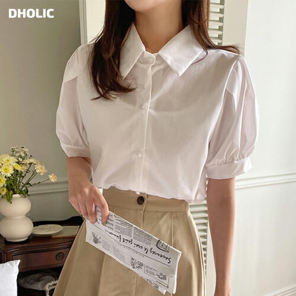 パール調ボタンパフカラーブラウス・全4色・t66909 レディース 【bl】トップス ブラウス 半袖 ハーフスリーブ パフスリーブ パールボタン 単色 無地 シンプル フェミニン かわいい 襟 可愛い 夏 韓国ファッション