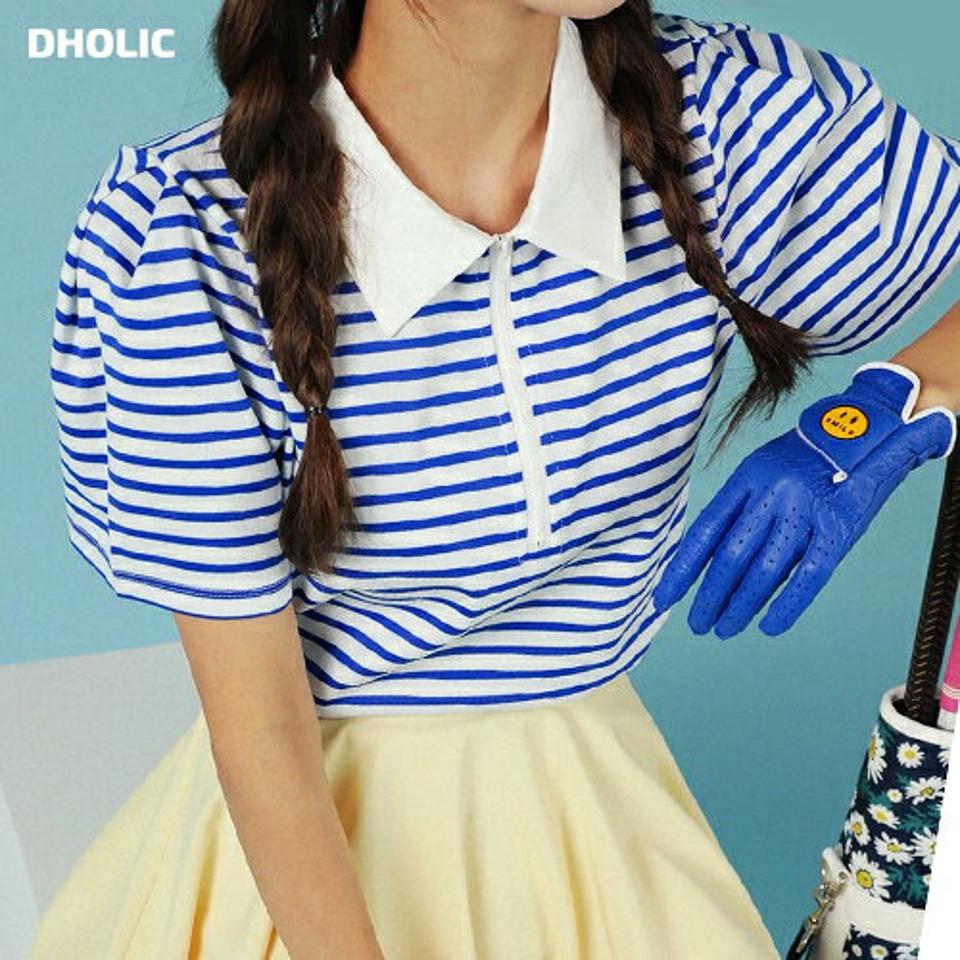 ハーフジップボーダーカラーTシャツ・全3色・t02698 レディース 【tops】トップス Tシャツ 半袖 パフスリーブ 二の腕カバー ボーダー柄 ポロ襟 ハーフジップ パフ袖 かわいい ガーリー 可愛い 夏 青 韓国ファッション GOLFWEAR ゴルフウェア