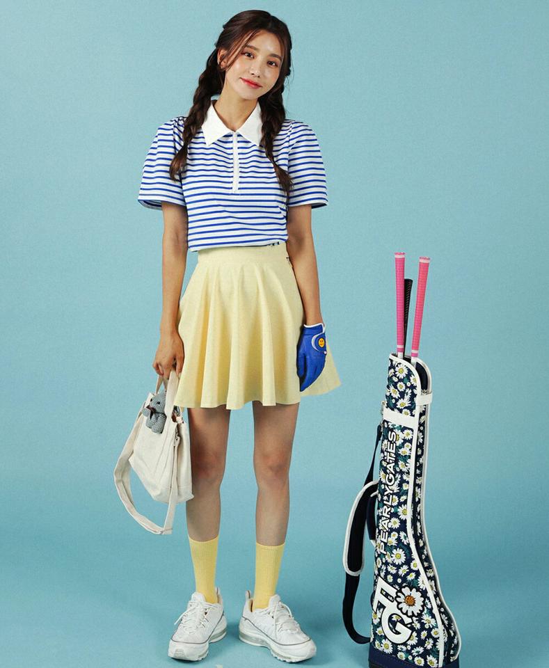 ハーフジップボーダーカラーTシャツ・全3色・t02698 レディース 【tops】トップス Tシャツ 半袖 パフスリーブ 二の腕カバー ボーダー柄 ポロ襟 ハーフジップ パフ袖 かわいい ガーリー 可愛い 夏 青 韓国ファッション GOLFWEAR ゴルフウェア