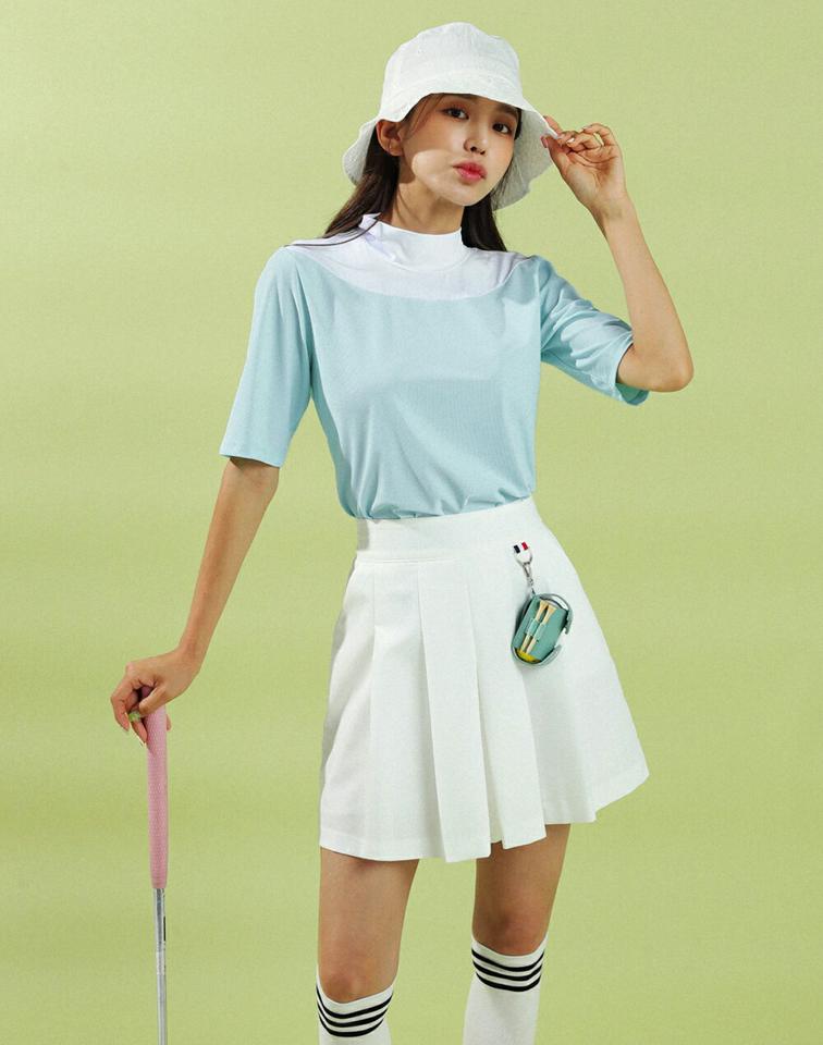 ハーフネックリブ配色Tシャツ・全3色・02693 レディース 【tops】トップス Tシャツ 半袖 ハーフスリーブ 配色 ハーフネック リブ シンプル モノトーン モノクロ 夏 春 韓国ファッション GOLFWEAR ゴルフウェア
