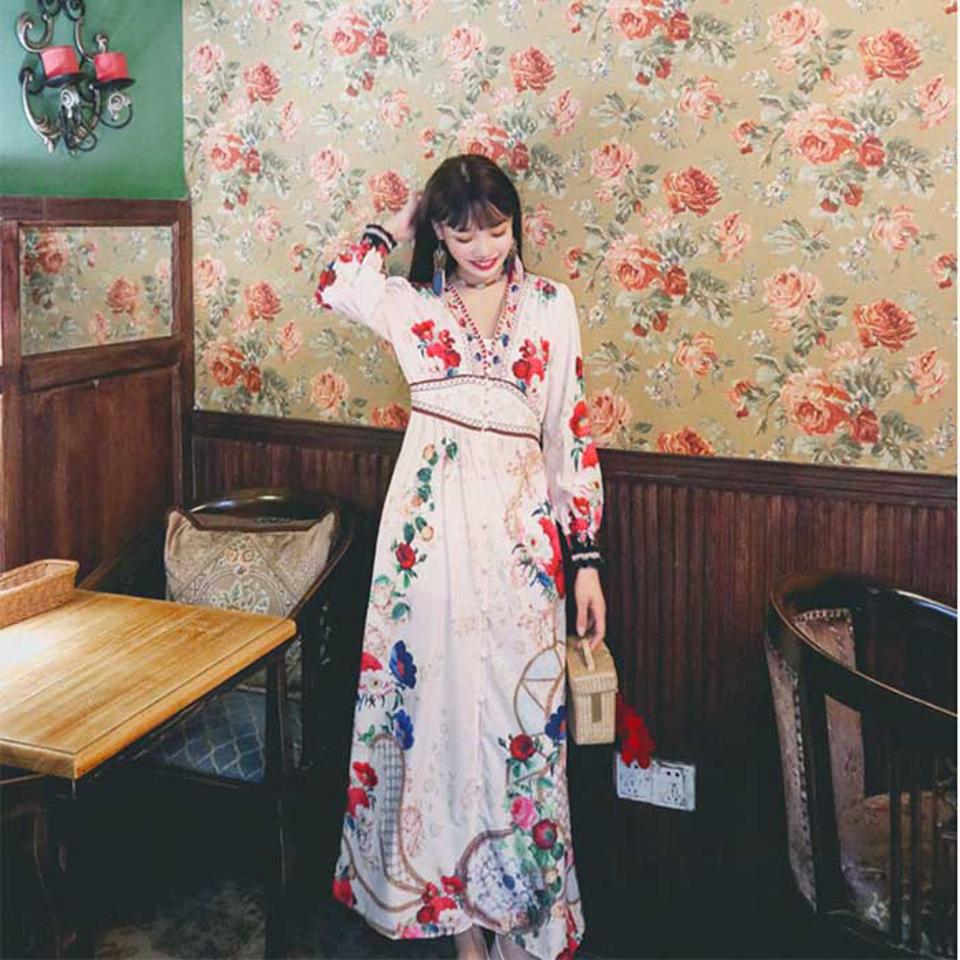 ワンピース レディース マキシ丈ワンピース リゾート 夏 春 きれいめ 長袖 大きいサイズ ドレス ビーチワンピース 花柄 海ビーチ 旅行 海 遊び 結婚式 披露宴 お呼ばれ 着痩せ フレアワンピース 二次会
