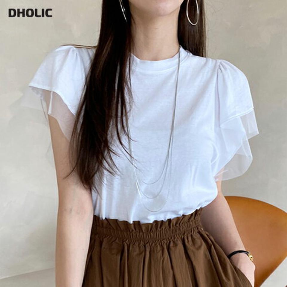 メッシュフレアスリーブTシャツ・全4色・b72331 レディース 【tops】トップス Tシャツ 単色 異素材 半袖 透け感 シアー シースルー 二の腕カバー メッシュ フレアスリーブ 春 夏 フェミニン 白 ホワイト 韓国ファッション ハイホリHIHOLLI