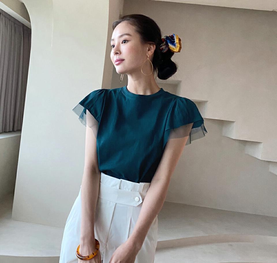 メッシュフレアスリーブTシャツ・全4色・b72331 レディース 【tops】トップス Tシャツ 単色 異素材 半袖 透け感 シアー シースルー 二の腕カバー メッシュ フレアスリーブ 春 夏 フェミニン 白 ホワイト 韓国ファッション ハイホリHIHOLLI