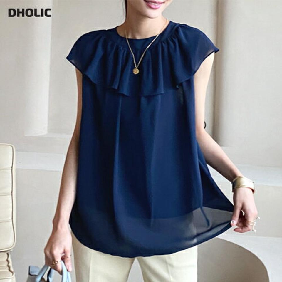 【10%OFF】ケープラッフルブラウス・全2色・b72338 レディース 【bl】ブラウス トップス ノースリーブ ノースリーブ 単色 シンプル ベーシック ケープ 透け感 異素材 シアー ラッフル 前後着用 春 夏 フェミニン 青 紺 韓国ファッション ハイホリHIHOLLI セール SALE