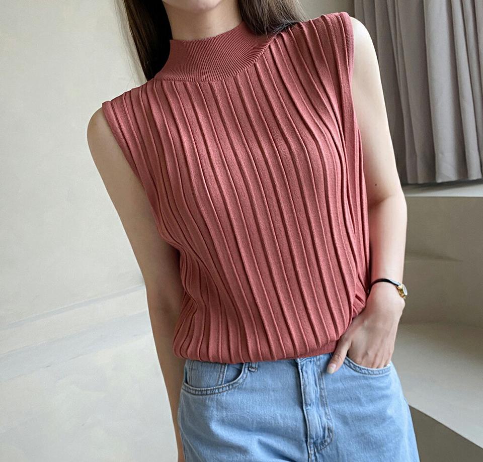 ハーフネックリブニットノースリーブ・全4色・b72368 レディース 【tops】ノースリーブ トップス スリーブレス ニット ハーフネック リブ 単色 きれいめ 大人 フェミニン 春 夏 カジュアル ピンク 韓国ファッション ハイホリHIHOLLI