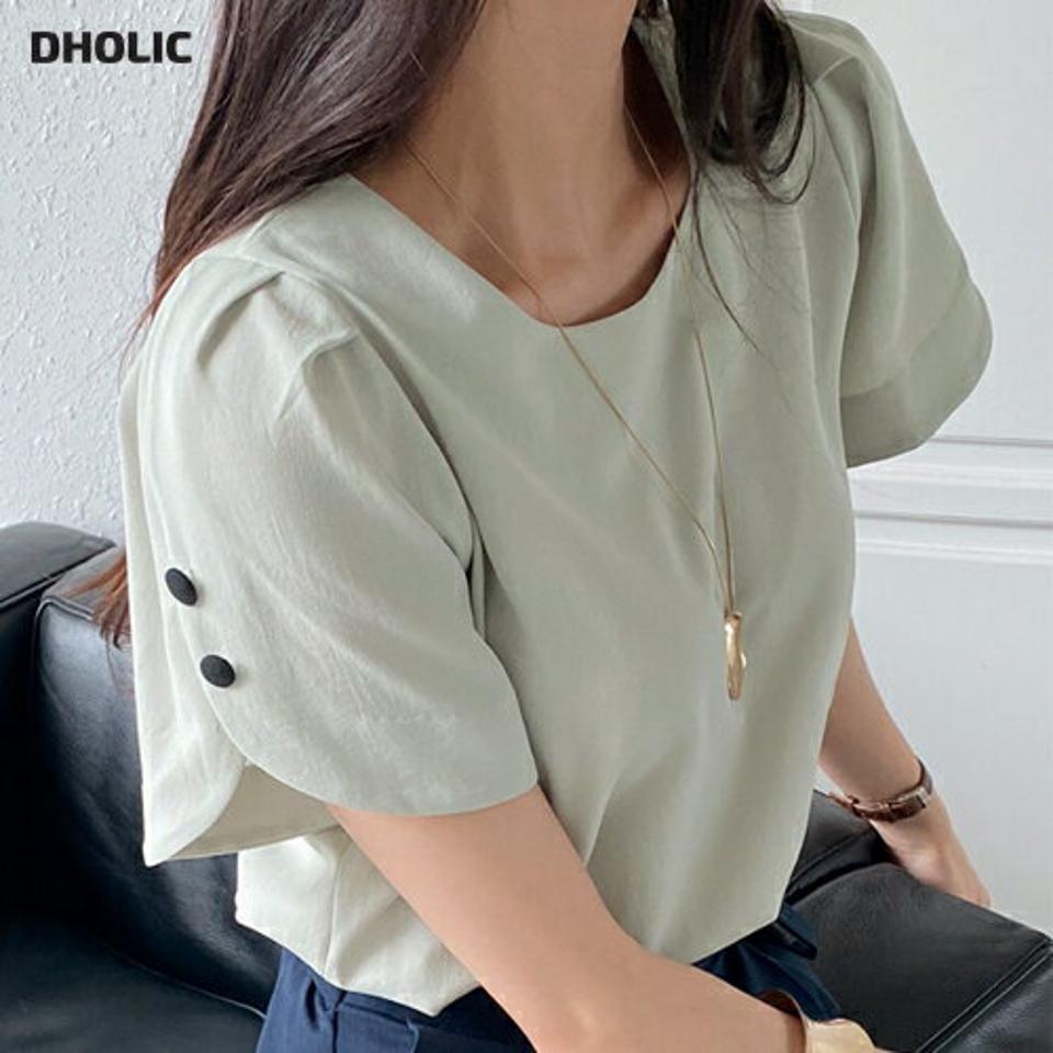 ボタンチューリップスリーブブラウス・全3色・b72339 レディース 【bl】ブラウス トップス 半袖 配色 ボタン チューリップスリーブ オフィスカジュアル ぼたん 上品 フェミニン パフ袖 タック 春 夏 黄緑 ミント 韓国ファッション ハイホリHIHOLLI