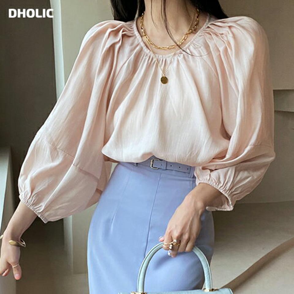 パフシースルーブラウス・全3色・b72342 レディース 【bl】ブラウス トップス 長袖 単色 無地 シンプル ベーシック パステル パフスリーブ パフ袖 シースルー シアー 透け感 体型カバー 春 夏 フェミニン ピンク 韓国ファッション ハイホリHIHOLLI