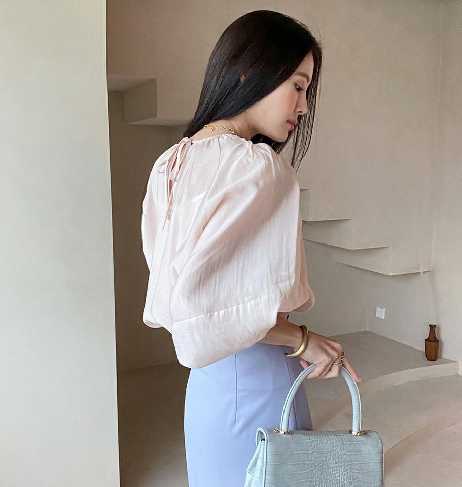 パフシースルーブラウス・全3色・b72342 レディース 【bl】ブラウス トップス 長袖 単色 無地 シンプル ベーシック パステル パフスリーブ パフ袖 シースルー シアー 透け感 体型カバー 春 夏 フェミニン ピンク 韓国ファッション ハイホリHIHOLLI