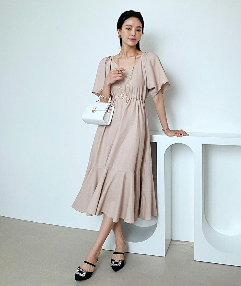 2WAYストリングフレアワンピース・全2色・b72348 レディース 【ops】ワンピース ロング丈 半袖 単色 無地 シンプル ベーシック 上品 大人 二の腕カバー 体型カバー 楽ちん フレア 鎖骨 春 夏 フェミニン ベージュ 韓国ファッション ハイホリHIHOLLI