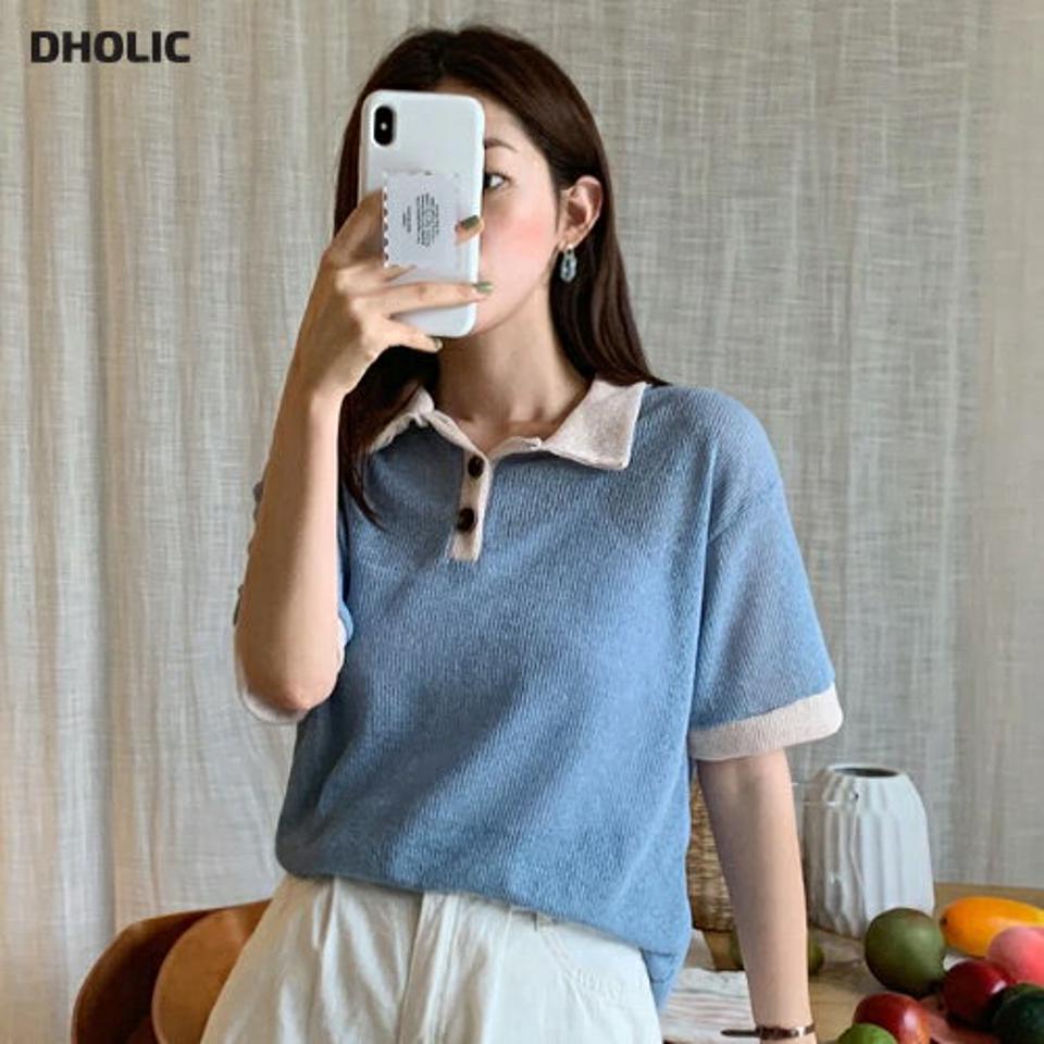 配色ポロカラーTシャツ・全5色・t01326 レディース 【tops】トップス ポロシャツ Tシャツ ポロ襟 配色 シンプル 大人 カジュアル 半袖 ハーフスリーブ 透け感 シアー 爽やか 水色 夏 韓国ファッション