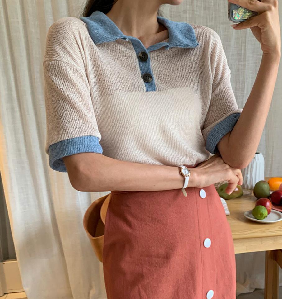 配色ポロカラーTシャツ・全5色・t01326 レディース 【tops】トップス ポロシャツ Tシャツ ポロ襟 配色 シンプル 大人 カジュアル 半袖 ハーフスリーブ 透け感 シアー 爽やか 水色 夏 韓国ファッション