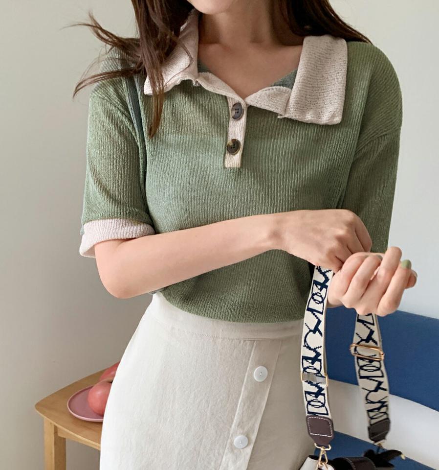配色ポロカラーTシャツ・全5色・t01326 レディース 【tops】トップス ポロシャツ Tシャツ ポロ襟 配色 シンプル 大人 カジュアル 半袖 ハーフスリーブ 透け感 シアー 爽やか 水色 夏 韓国ファッション