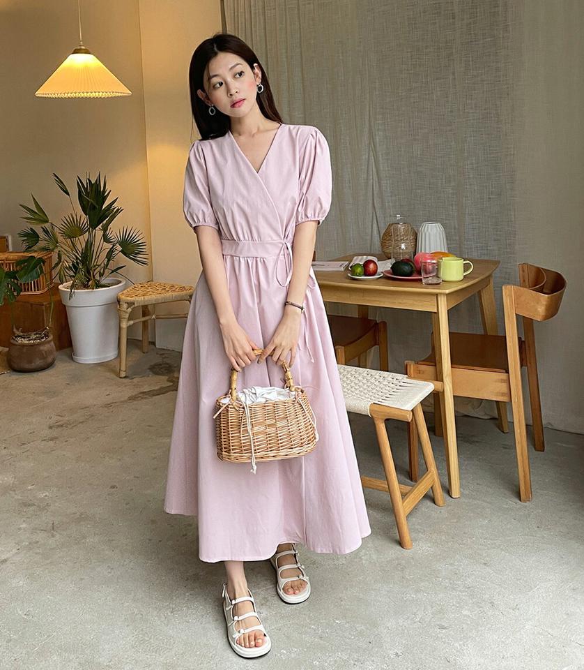 ラップパフワンピース・全3色・b01303 レディース 【ops】ワンピース ロング丈 ロングワンピース 半袖 パフスリーブ ラップデザイン 単色 無地 シンプル フレア フェミニン ギャザー ピンク 大人 夏 人気 韓国ファッション