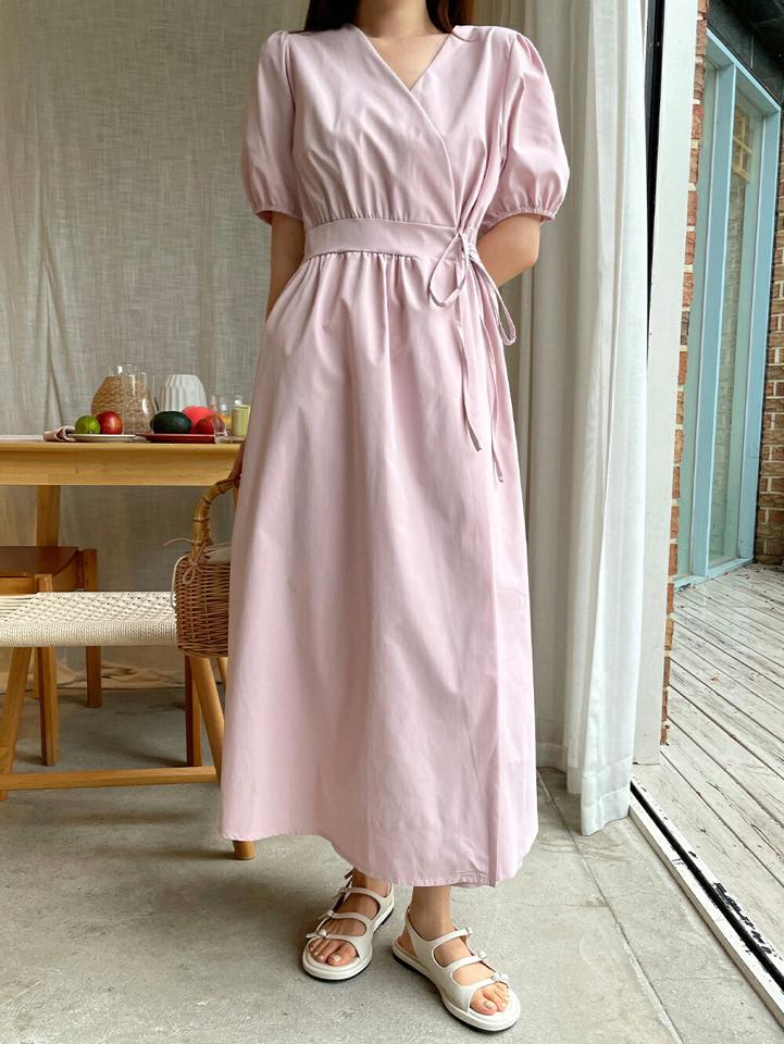ラップパフワンピース・全3色・b01303 レディース 【ops】ワンピース ロング丈 ロングワンピース 半袖 パフスリーブ ラップデザイン 単色 無地 シンプル フレア フェミニン ギャザー ピンク 大人 夏 人気 韓国ファッション