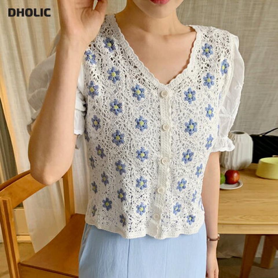 クロシェフラワーニット・全2色・b01328 レディース 【tops】トップス ニット 半袖 ハーフスリーブ 透け感 シアー シースルー クロシェ編み 花柄 ガーリー レトロ かわいい 可愛い Y2K Vネック 夏 サマーニット 韓国ファッション