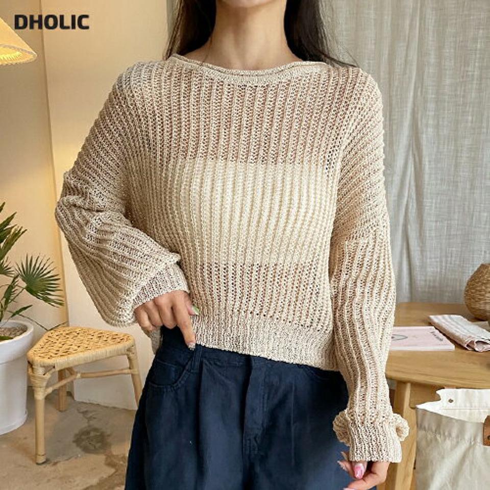 クロップドラウンドネックニット・全4色・t01325 レディース 【tops】トップス ニット 長袖 透け感 シアー シースルー シンプル クロップド丈 カジュアル シンプル ドロップショルダー サマーニット 春 夏 ベージュ 韓国ファッション 年上